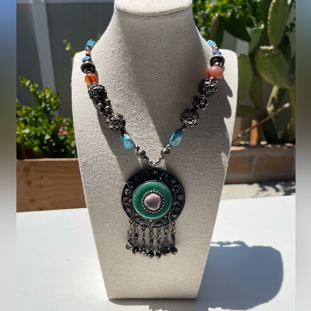 Vintage Boho Tribal Medallion Pendant Necklace Carnelian Turquoise Multistone